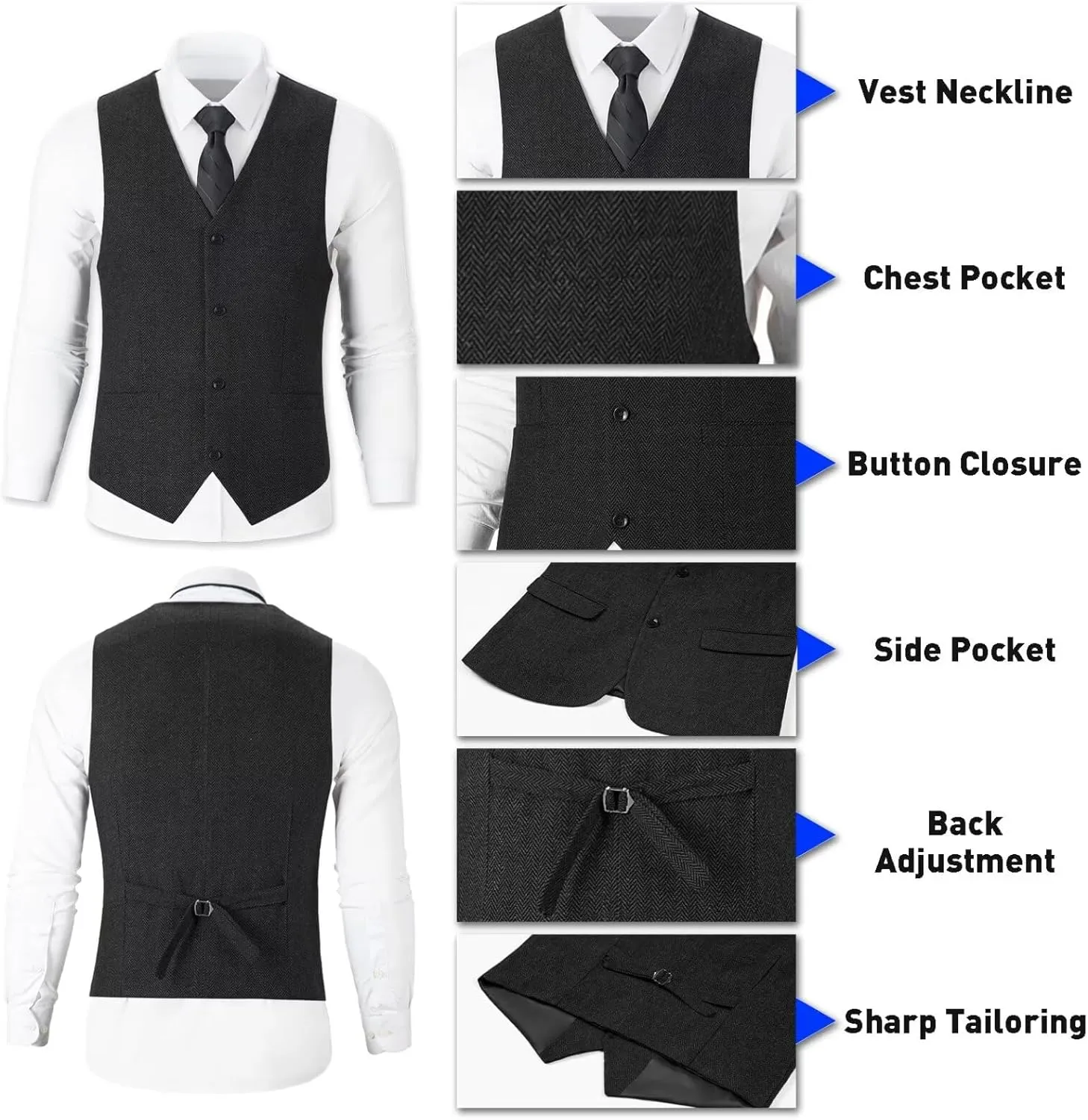 Retro Tweed Herringbone Suit for Men Slim Fit 3 Pieces Mens Suit Groom Dress Tuxedos Prom Suit Jacket Vest Pants