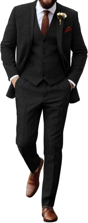 Retro Tweed Herringbone Suit for Men Slim Fit 3 Pieces Mens Suit Groom Dress Tuxedos Prom Suit Jacket Vest Pants