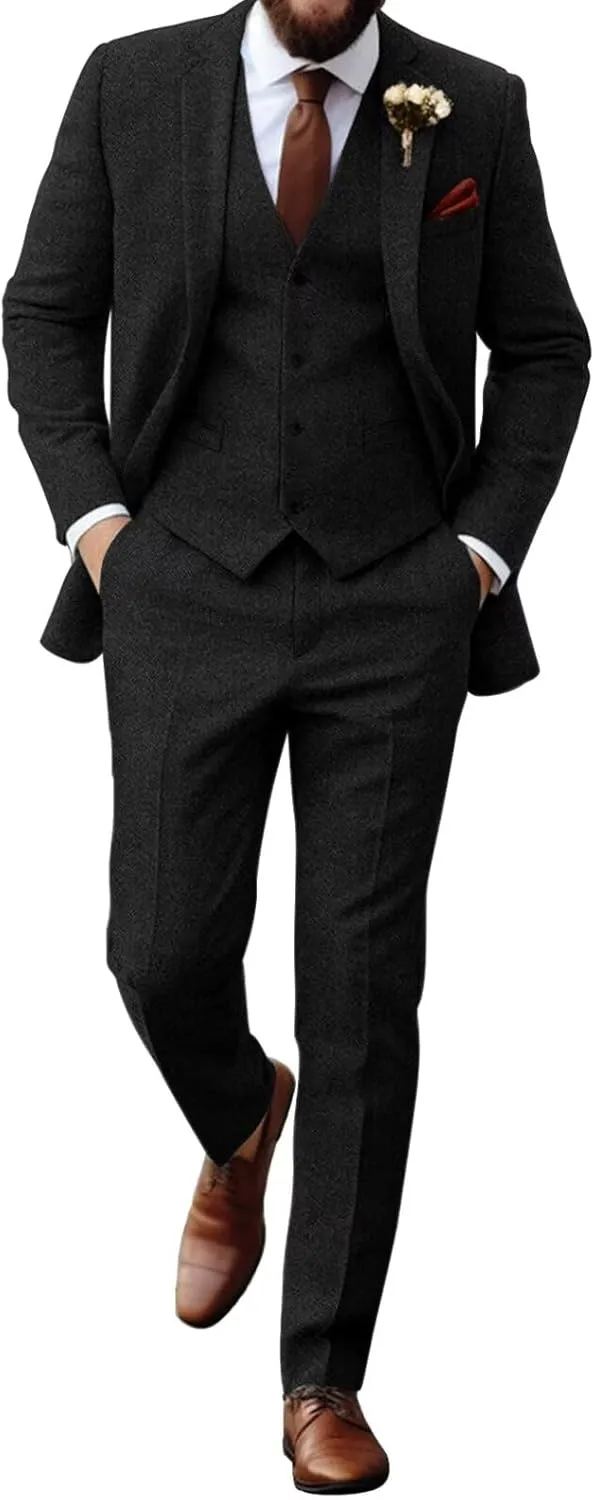 Retro Tweed Herringbone Suit for Men Slim Fit 3 Pieces Mens Suit Groom Dress Tuxedos Prom Suit Jacket Vest Pants