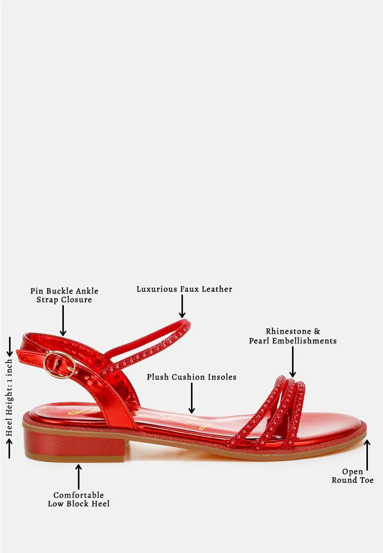 Rhinestone Pearl Detail Flat Sandals by RUW