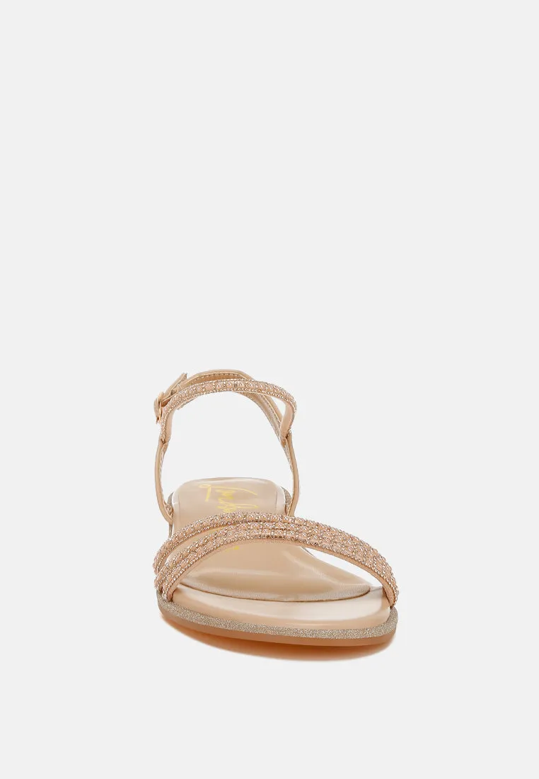 Rhinestone Pearl Detail Flat Sandals by RUW