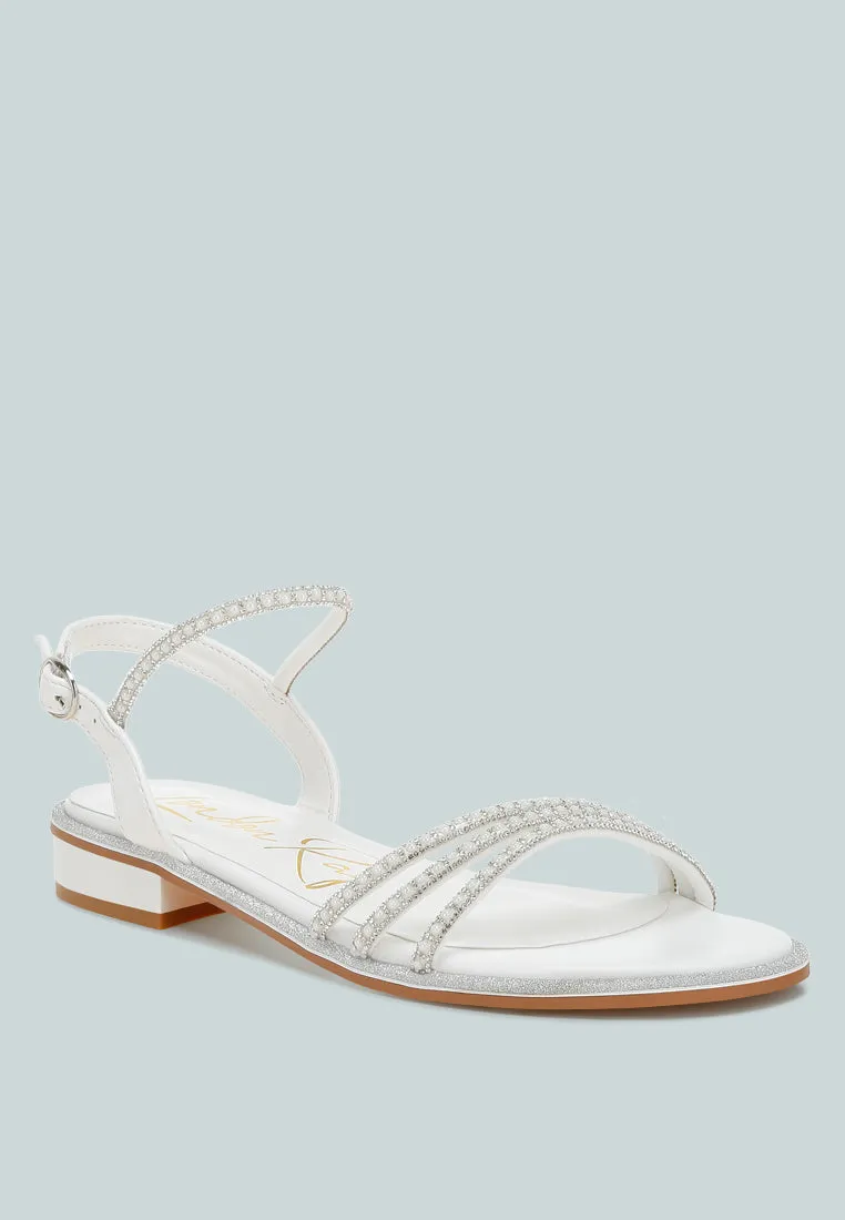 Rhinestone Pearl Detail Flat Sandals by RUW
