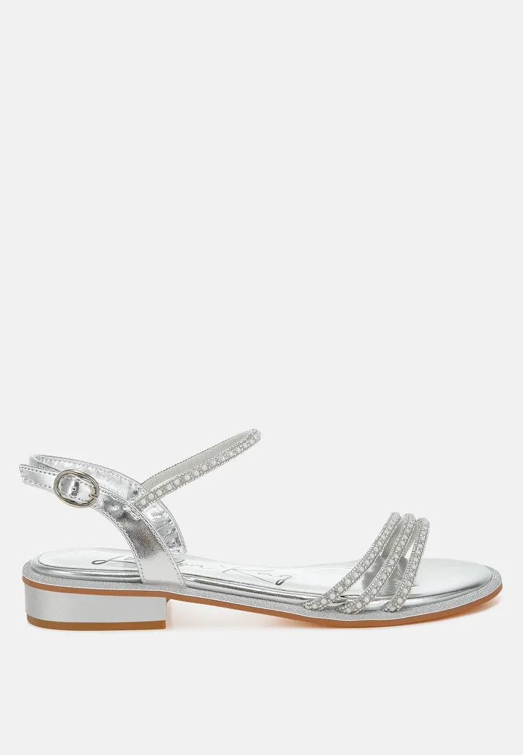 Rhinestone Pearl Detail Flat Sandals by RUW