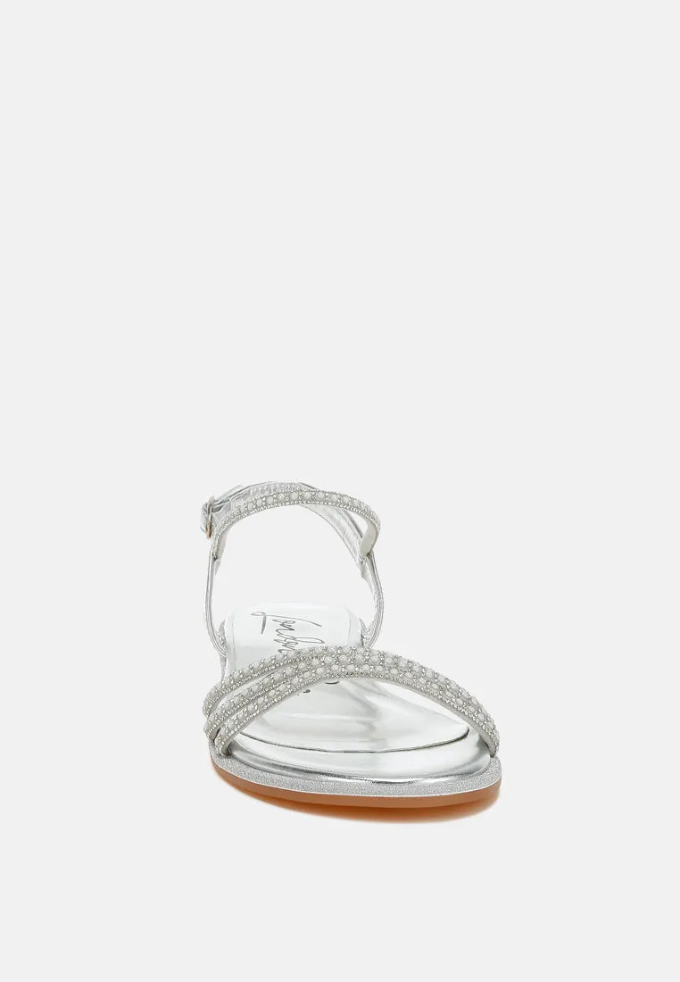 Rhinestone Pearl Detail Flat Sandals by RUW