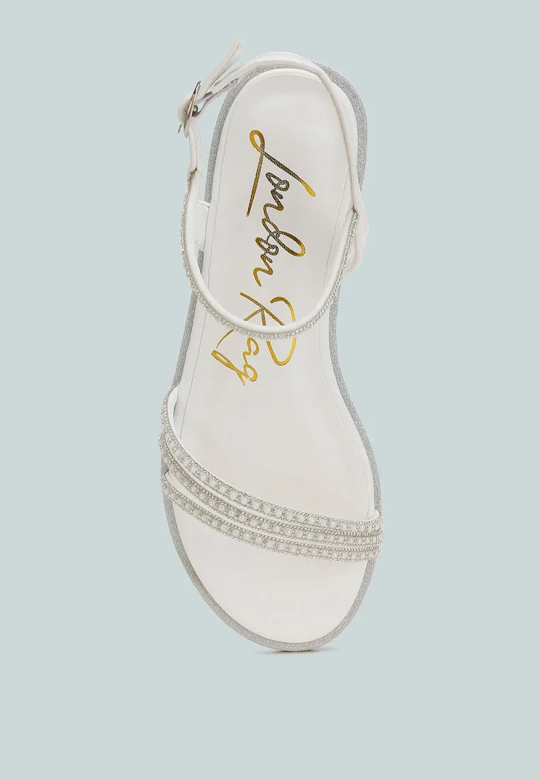 Rhinestone Pearl Detail Flat Sandals by RUW