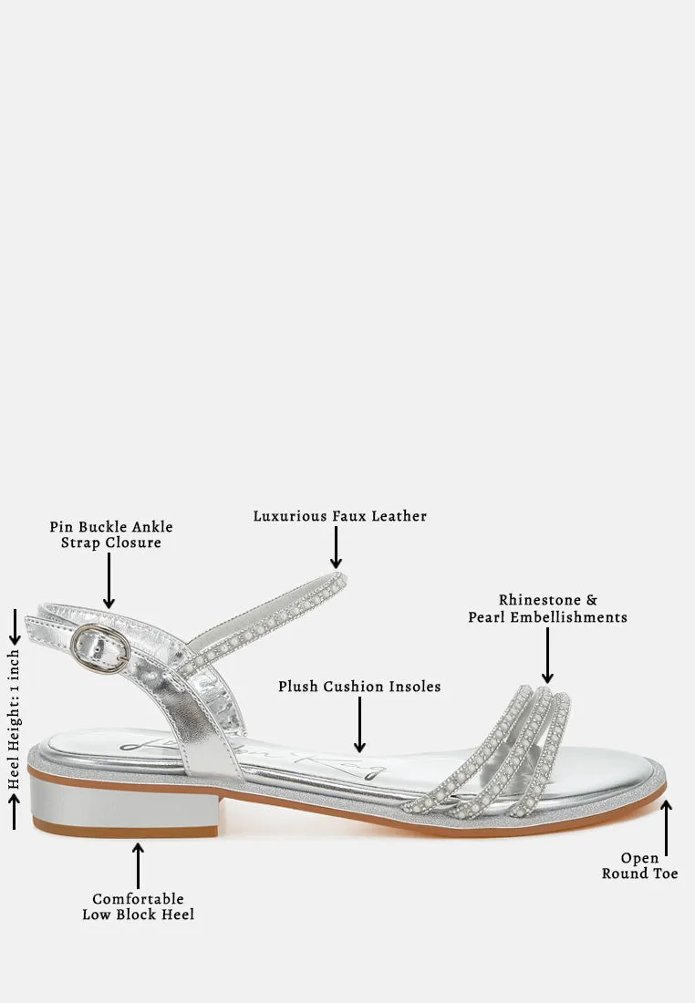 Rhinestone Pearl Detail Flat Sandals by RUW