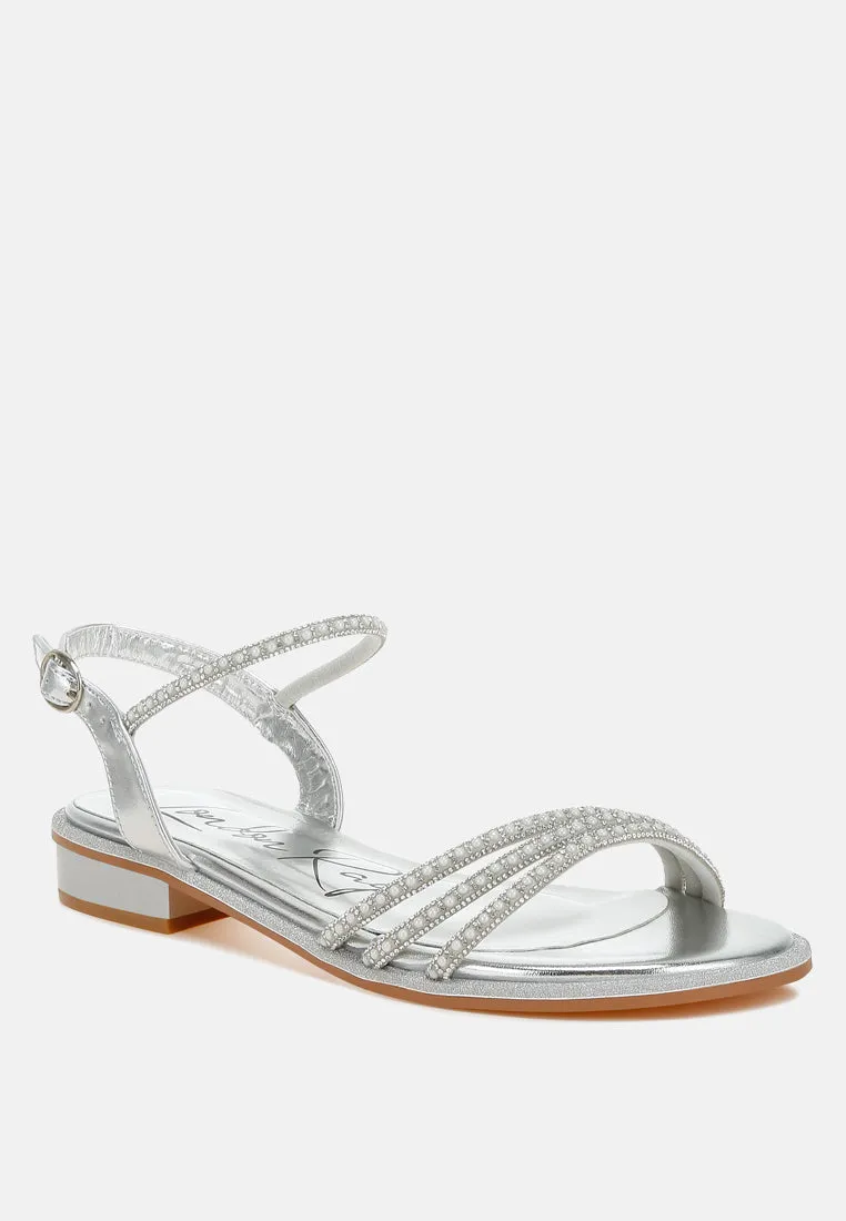 Rhinestone Pearl Detail Flat Sandals by RUW