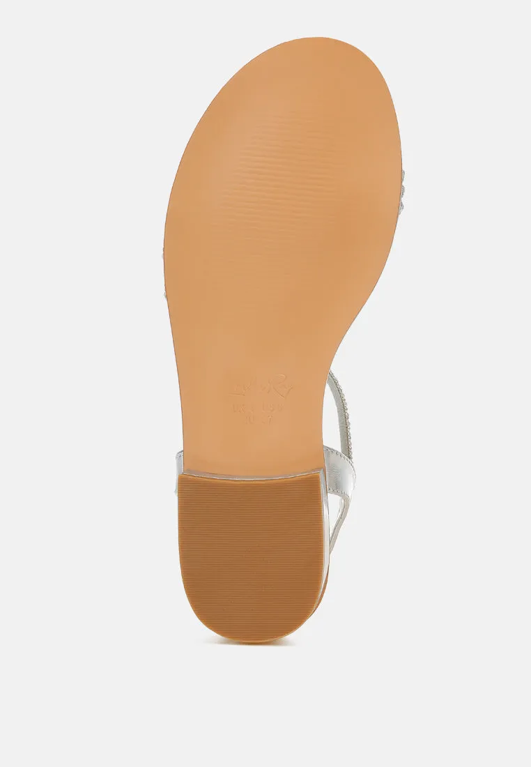 Rhinestone Pearl Detail Flat Sandals by RUW