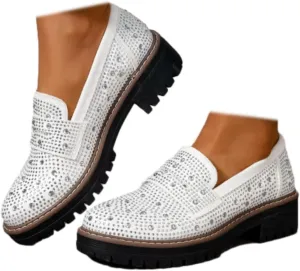 SACFOF Women's Chunky Platform Loafers Round Toe Rhinestone Casual Business Work Shoes Comfort Slip-on Casual Shoes
