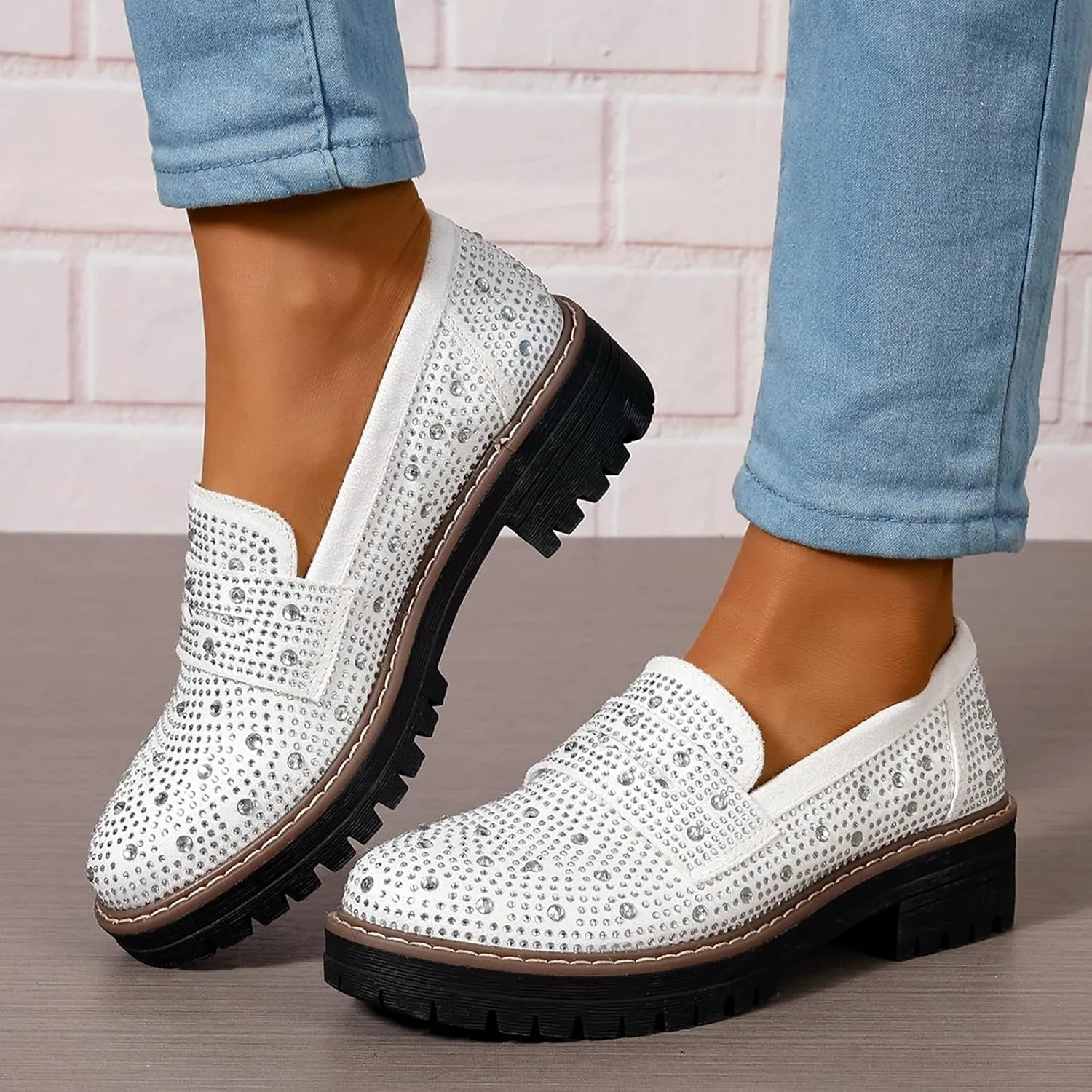 SACFOF Women's Chunky Platform Loafers Round Toe Rhinestone Casual Business Work Shoes Comfort Slip-on Casual Shoes