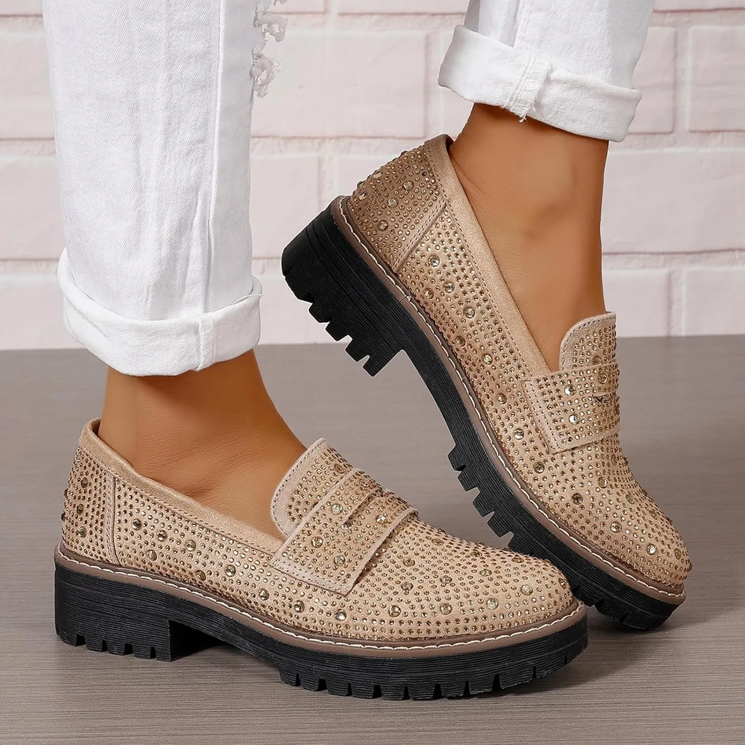 SACFOF Women's Chunky Platform Loafers Round Toe Rhinestone Casual Business Work Shoes Comfort Slip-on Casual Shoes