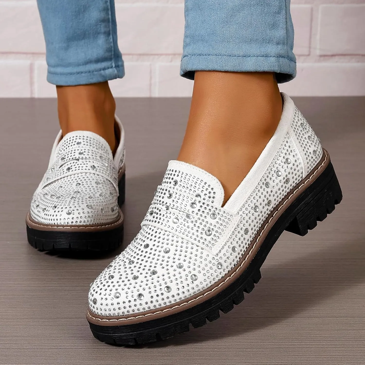 SACFOF Women's Chunky Platform Loafers Round Toe Rhinestone Casual Business Work Shoes Comfort Slip-on Casual Shoes