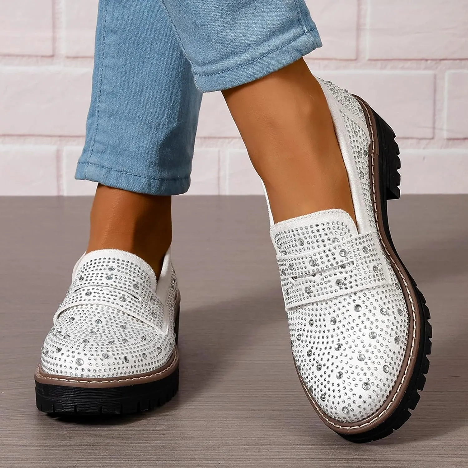 SACFOF Women's Chunky Platform Loafers Round Toe Rhinestone Casual Business Work Shoes Comfort Slip-on Casual Shoes