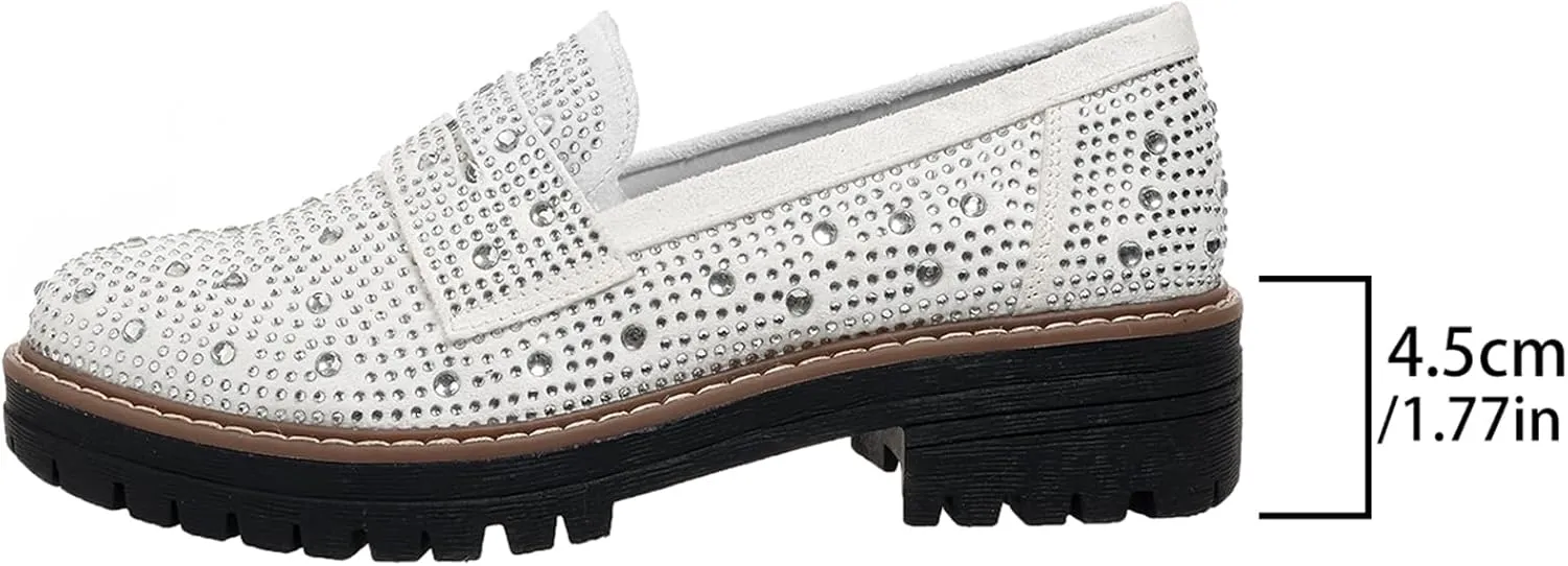 SACFOF Women's Chunky Platform Loafers Round Toe Rhinestone Casual Business Work Shoes Comfort Slip-on Casual Shoes