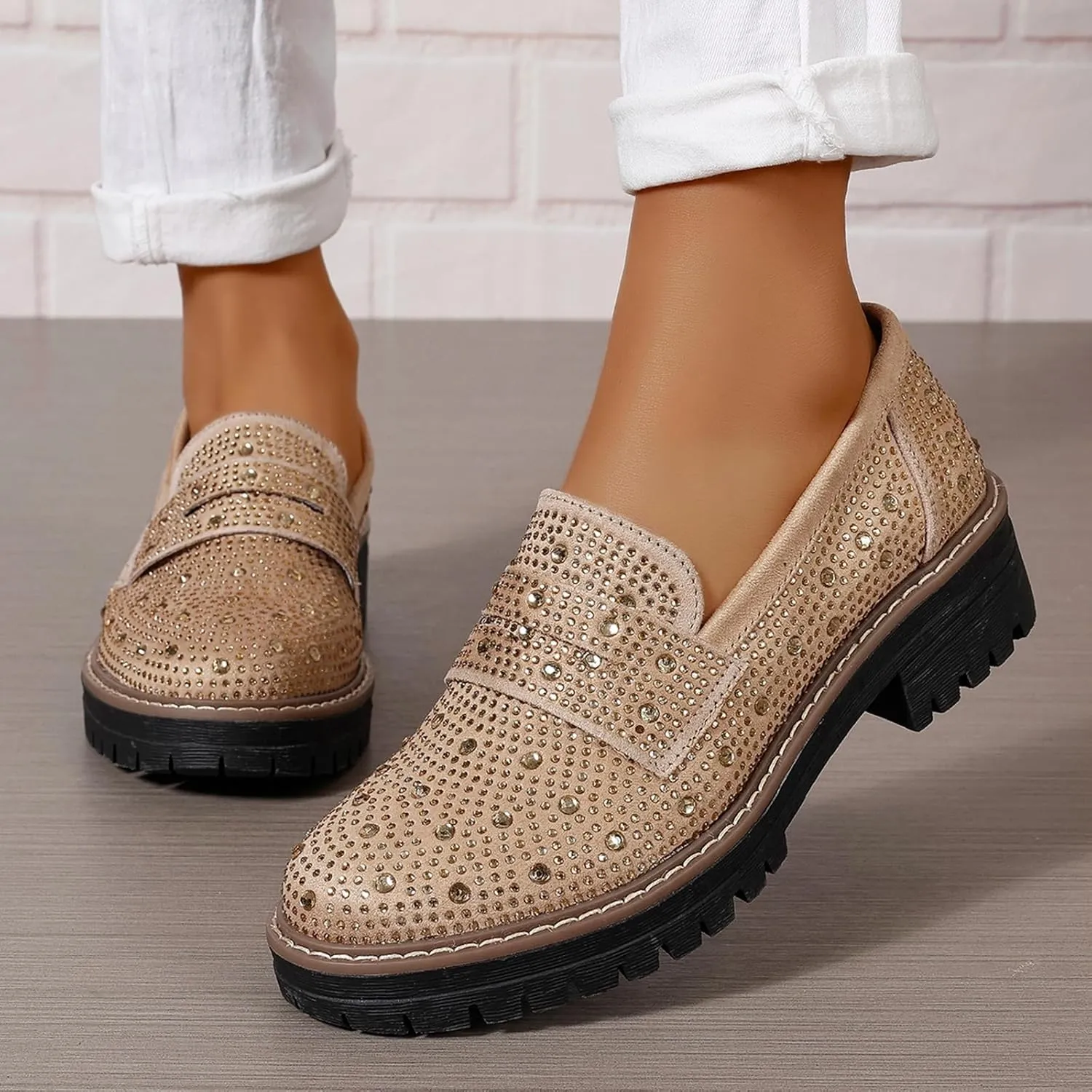 SACFOF Women's Chunky Platform Loafers Round Toe Rhinestone Casual Business Work Shoes Comfort Slip-on Casual Shoes