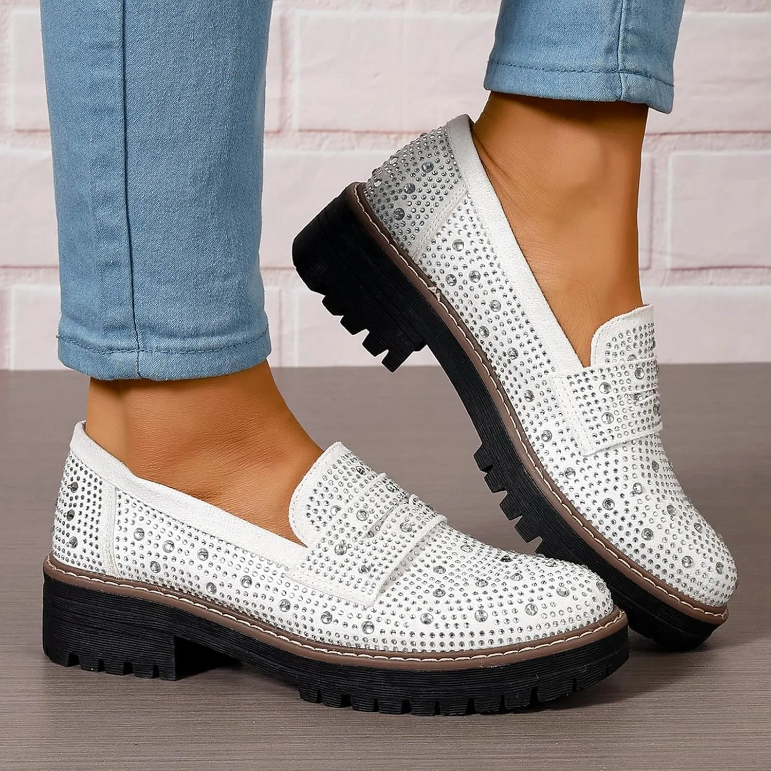 SACFOF Women's Chunky Platform Loafers Round Toe Rhinestone Casual Business Work Shoes Comfort Slip-on Casual Shoes