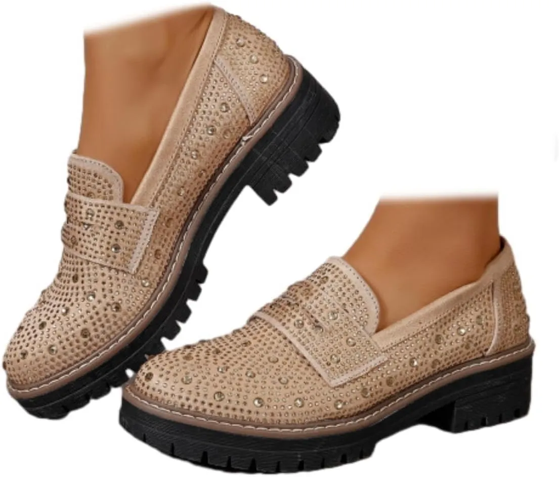 SACFOF Women's Chunky Platform Loafers Round Toe Rhinestone Casual Business Work Shoes Comfort Slip-on Casual Shoes