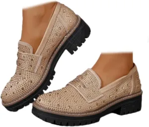 SACFOF Women's Chunky Platform Loafers Round Toe Rhinestone Casual Business Work Shoes Comfort Slip-on Casual Shoes