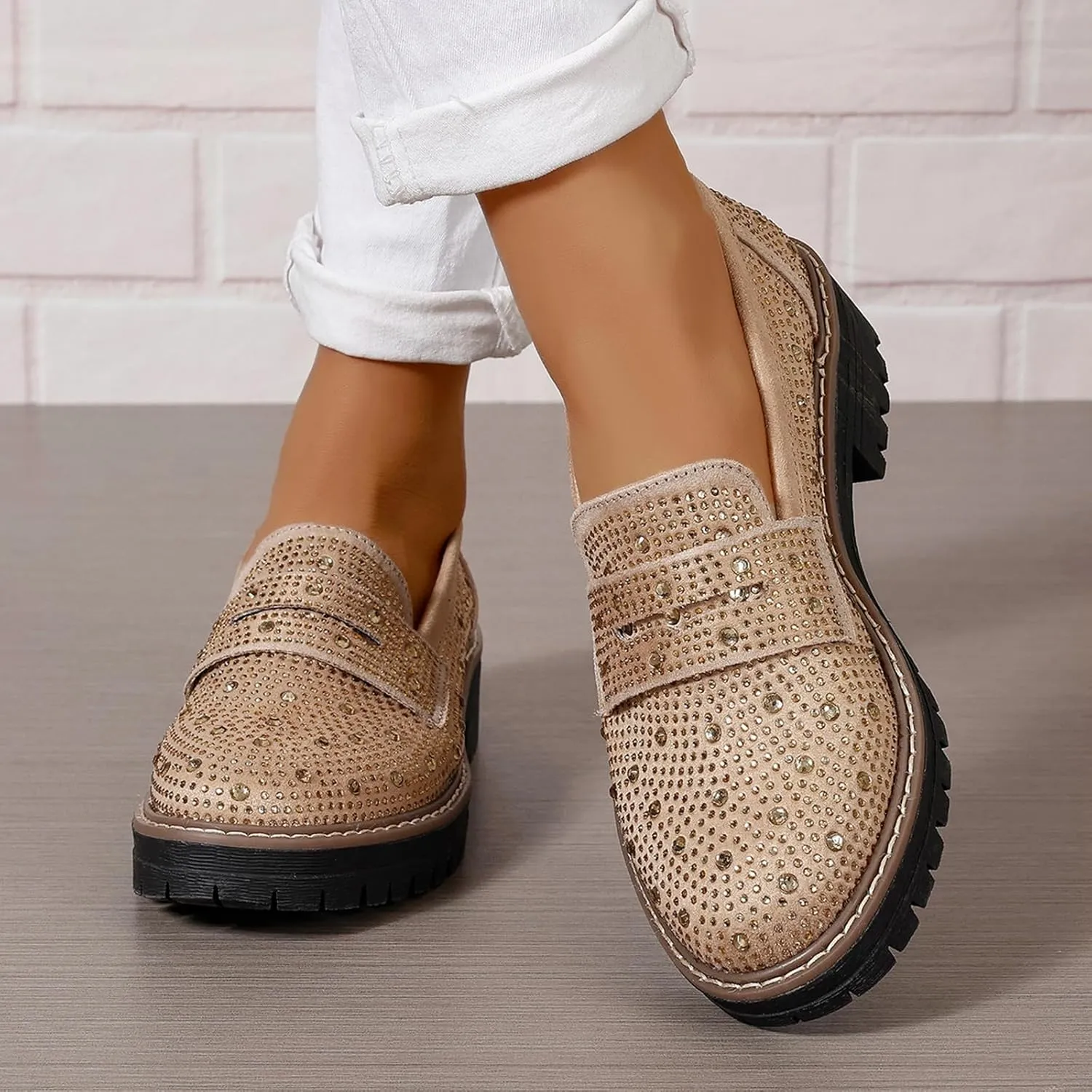 SACFOF Women's Chunky Platform Loafers Round Toe Rhinestone Casual Business Work Shoes Comfort Slip-on Casual Shoes