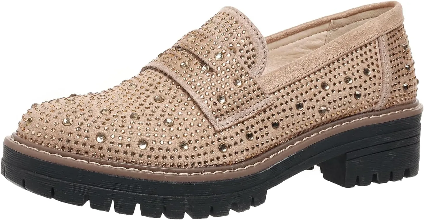 SACFOF Women's Chunky Platform Loafers Round Toe Rhinestone Casual Business Work Shoes Comfort Slip-on Casual Shoes