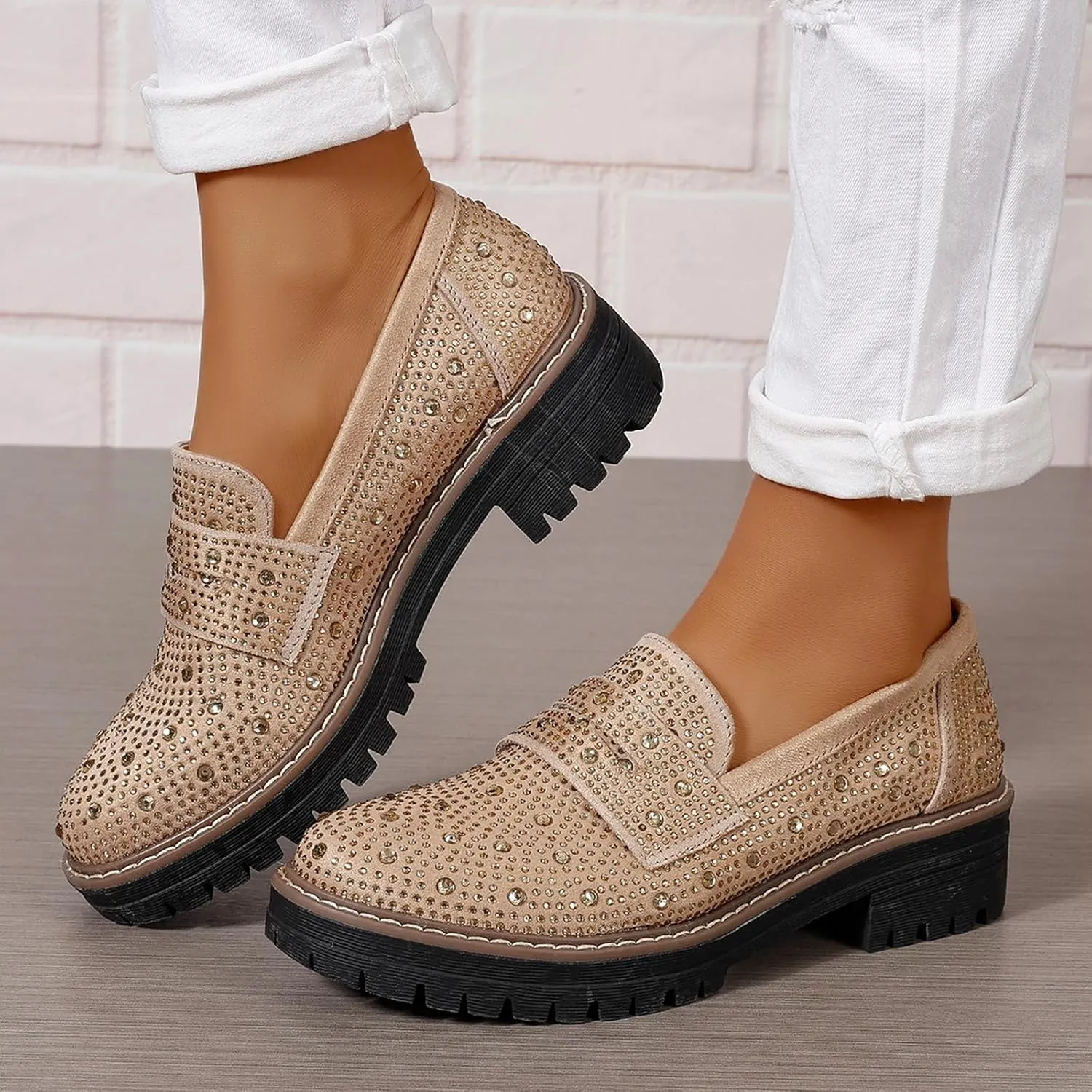 SACFOF Women's Chunky Platform Loafers Round Toe Rhinestone Casual Business Work Shoes Comfort Slip-on Casual Shoes