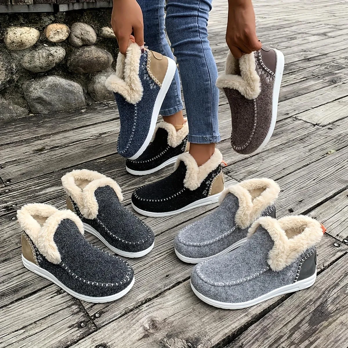 SACFOF Women's Flat Fluffy Ankle Boots,Faux Fur Lining Foam Boots Anti-Slip Plush Lining Winter Warm House Snow Shoes