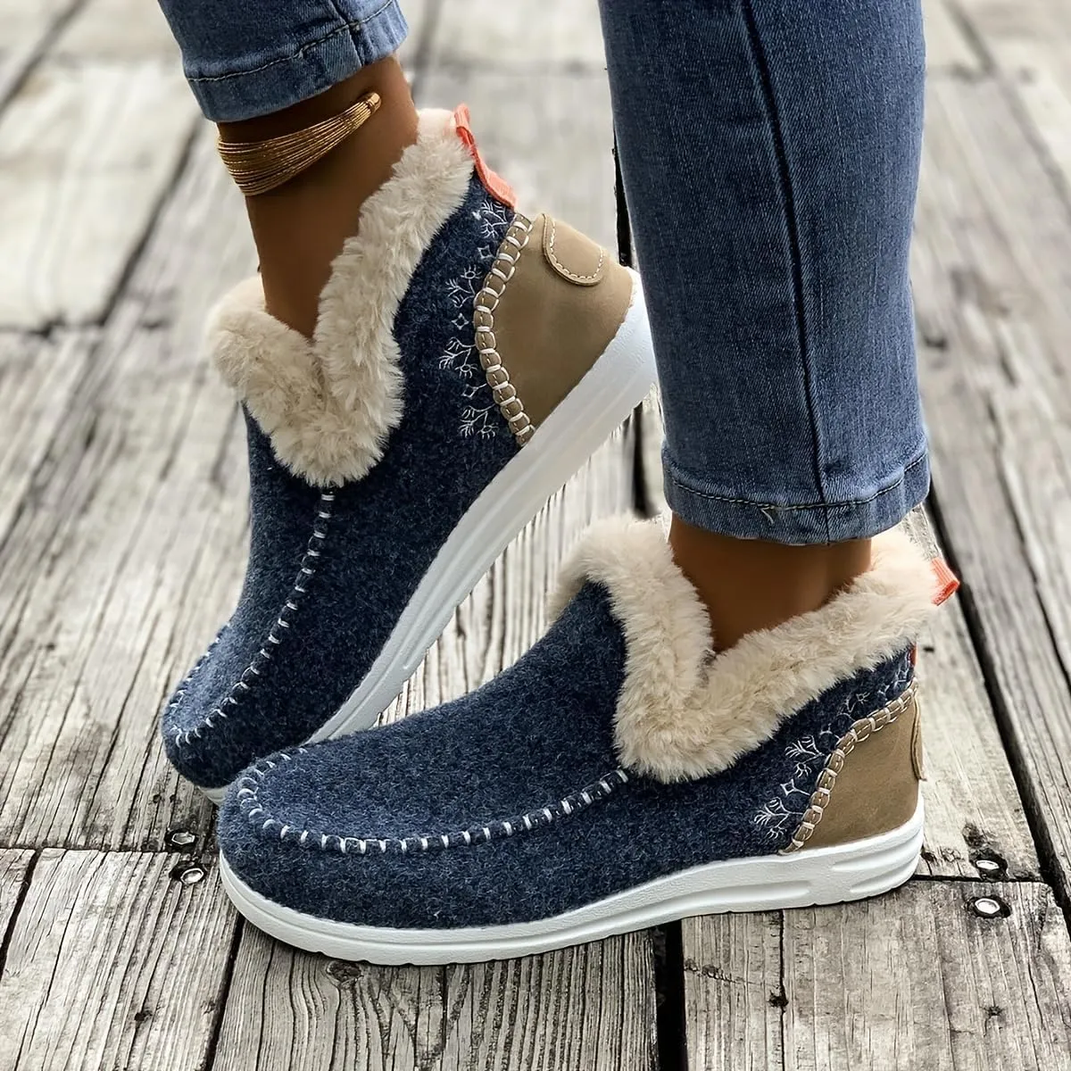 SACFOF Women's Flat Fluffy Ankle Boots,Faux Fur Lining Foam Boots Anti-Slip Plush Lining Winter Warm House Snow Shoes