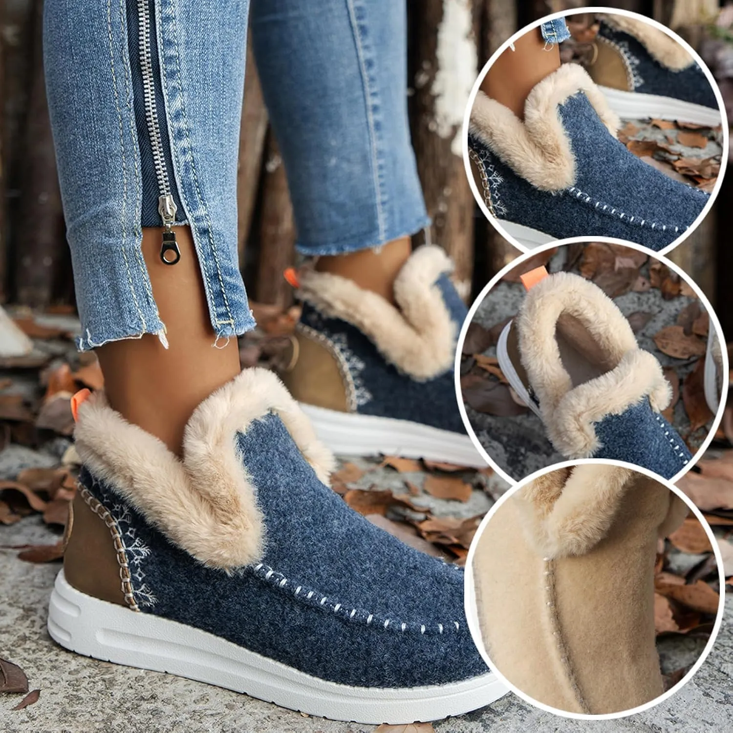 SACFOF Women's Flat Fluffy Ankle Boots,Faux Fur Lining Foam Boots Anti-Slip Plush Lining Winter Warm House Snow Shoes