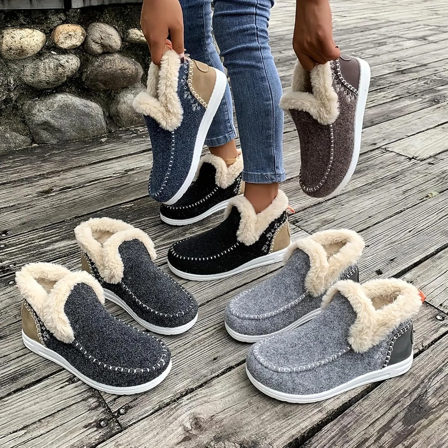 SACFOF Women's Flat Fluffy Ankle Boots,Faux Fur Lining Foam Boots Anti-Slip Plush Lining Winter Warm House Snow Shoes