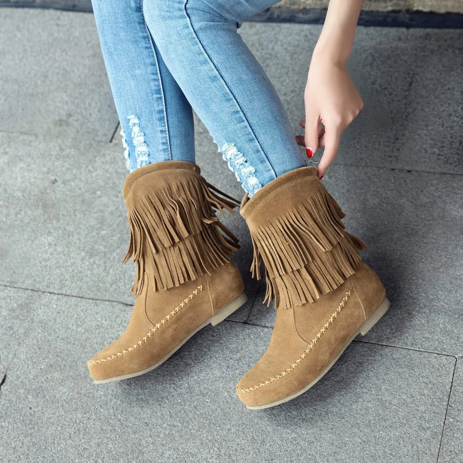 SACFOF Women's Suede Western Tassel Cowboys Ankle Boots Winrer Slip On Booties Casual Fashion Vintage Flat Ankle Booties