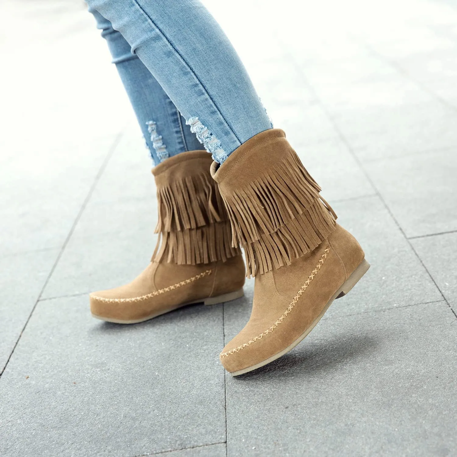 SACFOF Women's Suede Western Tassel Cowboys Ankle Boots Winrer Slip On Booties Casual Fashion Vintage Flat Ankle Booties