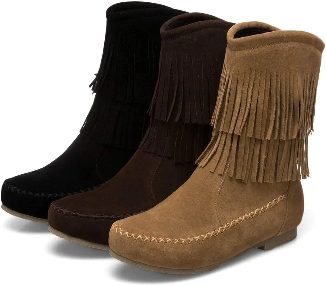 SACFOF Women's Suede Western Tassel Cowboys Ankle Boots Winrer Slip On Booties Casual Fashion Vintage Flat Ankle Booties