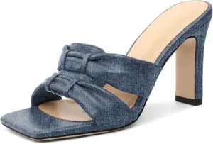 SAMMITOP Women's Square Toe Heels Knot Strap Chunky High Heeled Sandals Comfortable Slip On Mules Slide for Party Dating Daily 3.7 Inch