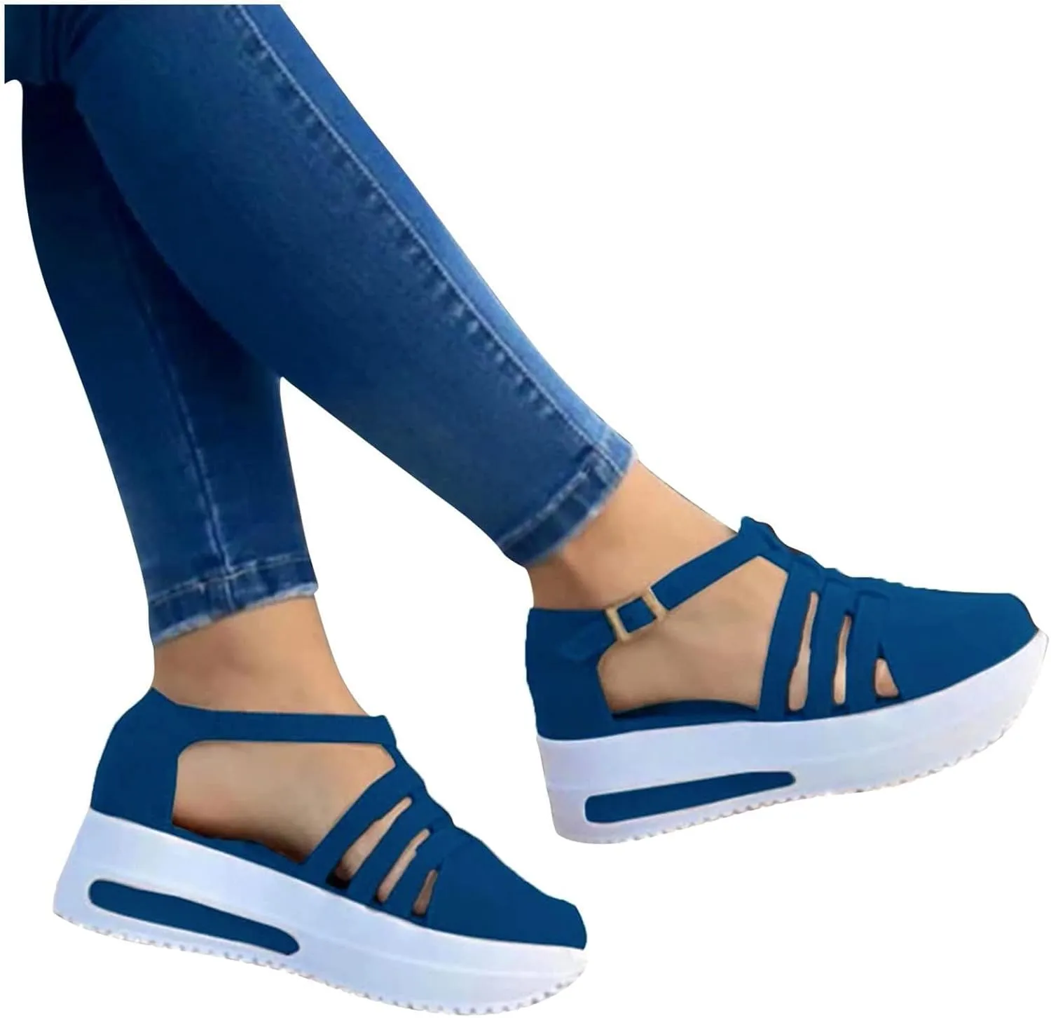 Sandals for Women 2025 Dressy Summer Casual Slip on Ankle Strap Buckle Crystal Platform Wedges Closed Toe Sandals Flat Buckle up Walking Shoes