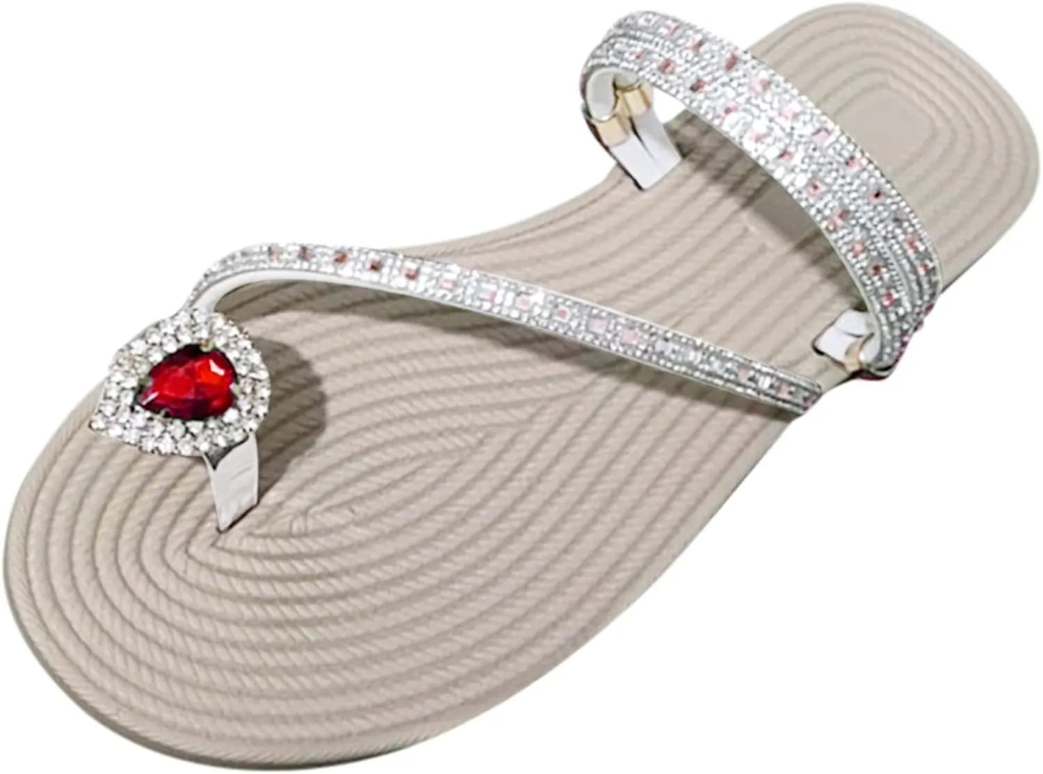 Sandals Women Dressy Summer Ladies Fashion Summer Solid Color Leather Rhinestone Toe Straw Woven Flat Slippers