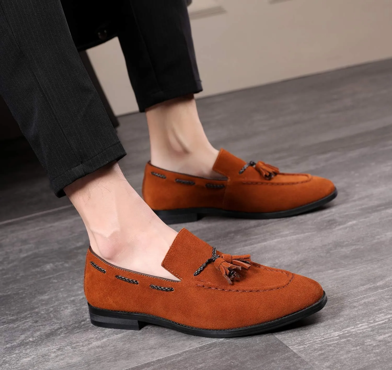 Santimon Mens Loafers Tassel Fringe Suede Casual Driving Slip on Dress Shoes Moccasins