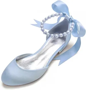 Satin Flats Wedding Shoes Closed Toe Women Pearl Sandals Ankle Strap Bride for Classic Wedding & Party Dress Shoes