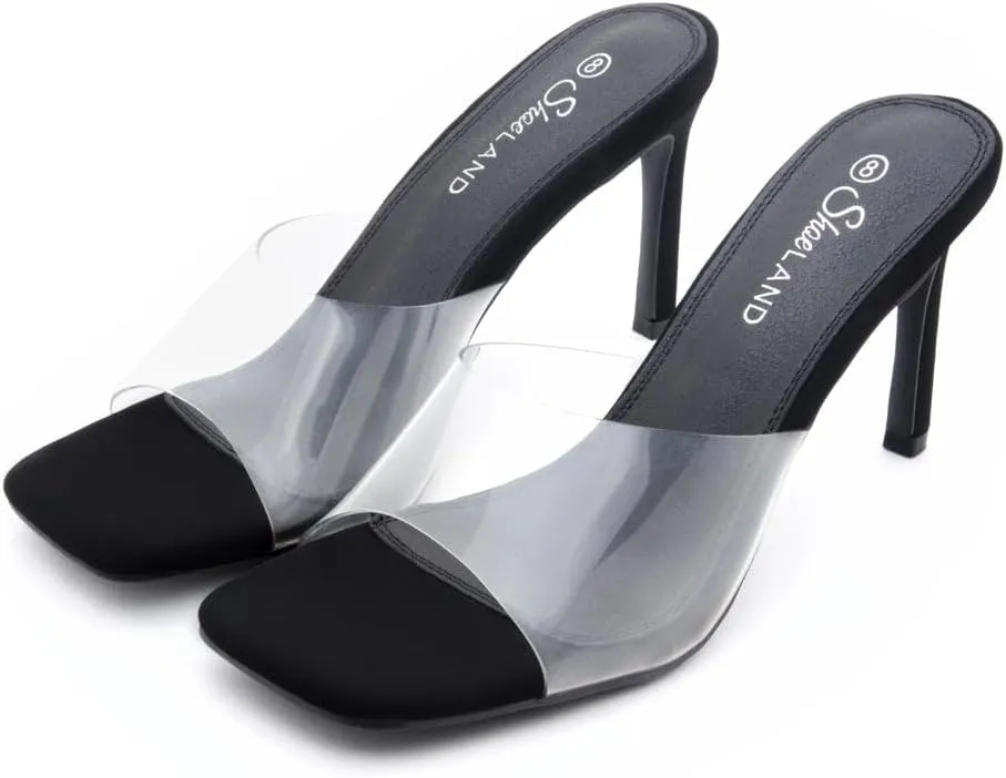 Shoe Land Melrose Women's High Heels Stiletto Heeled Slides, Square Open Toe One Band Slip-On Heeled Mules – Dressy Clear Heeled Sandals for Prom Party Wedding and Vacation
