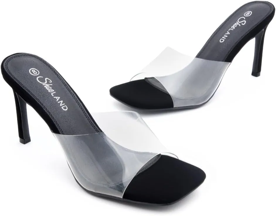 Shoe Land Melrose Women's High Heels Stiletto Heeled Slides, Square Open Toe One Band Slip-On Heeled Mules – Dressy Clear Heeled Sandals for Prom Party Wedding and Vacation