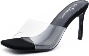 Shoe Land Melrose Women's High Heels Stiletto Heeled Slides, Square Open Toe One Band Slip-On Heeled Mules – Dressy Clear Heeled Sandals for Prom Party Wedding and Vacation