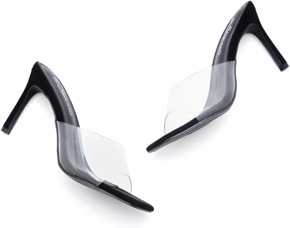 Shoe Land Melrose Women's High Heels Stiletto Heeled Slides, Square Open Toe One Band Slip-On Heeled Mules – Dressy Clear Heeled Sandals for Prom Party Wedding and Vacation