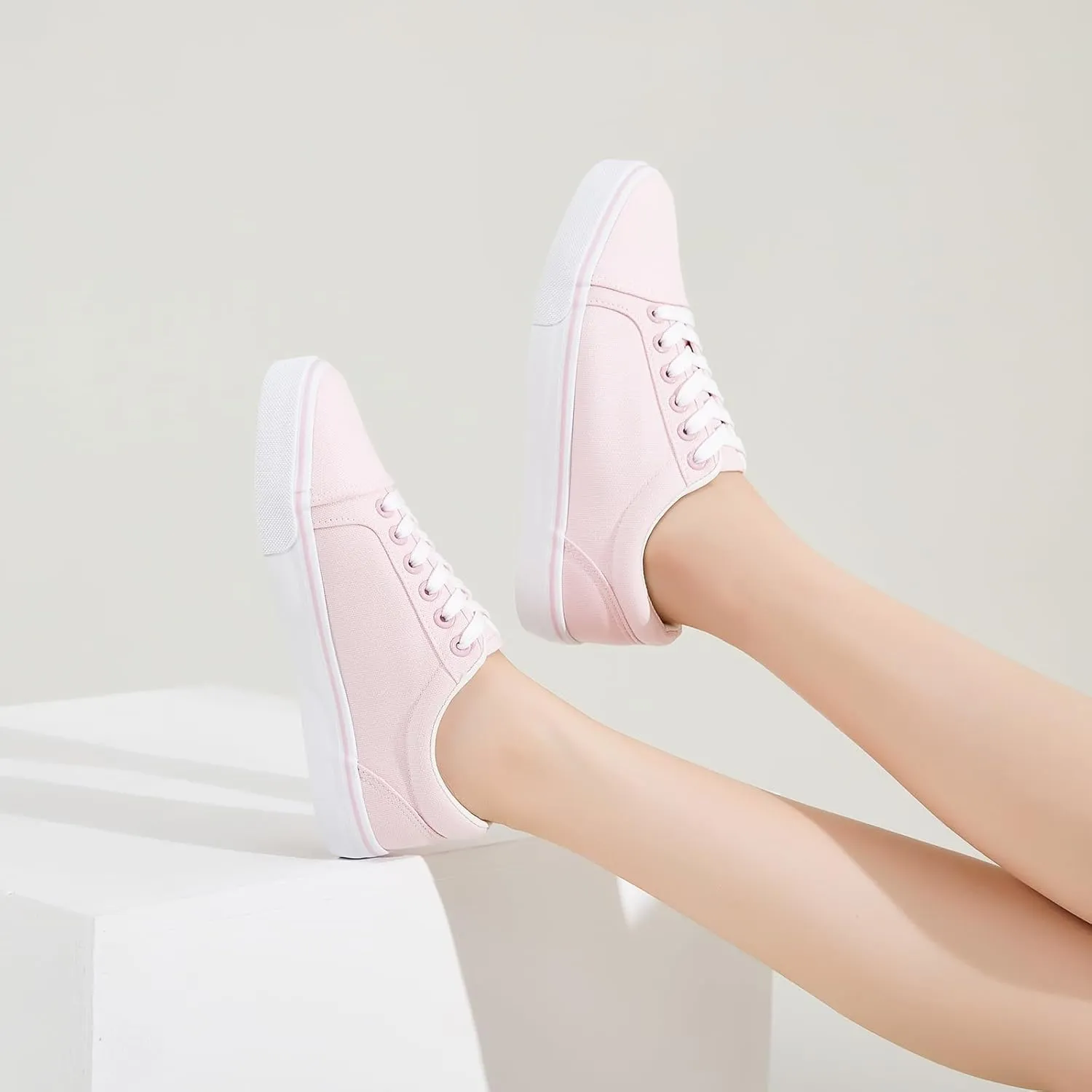 Shupua Women's Canvas Sneakers - White, Casual, Classic, Spring/Summer, Solid, Flat Heel, Athletic Shoes, Skateboarding, Lace-Up, Bow, Rubber Sole, Not Water Resistant, Adult Women's Size