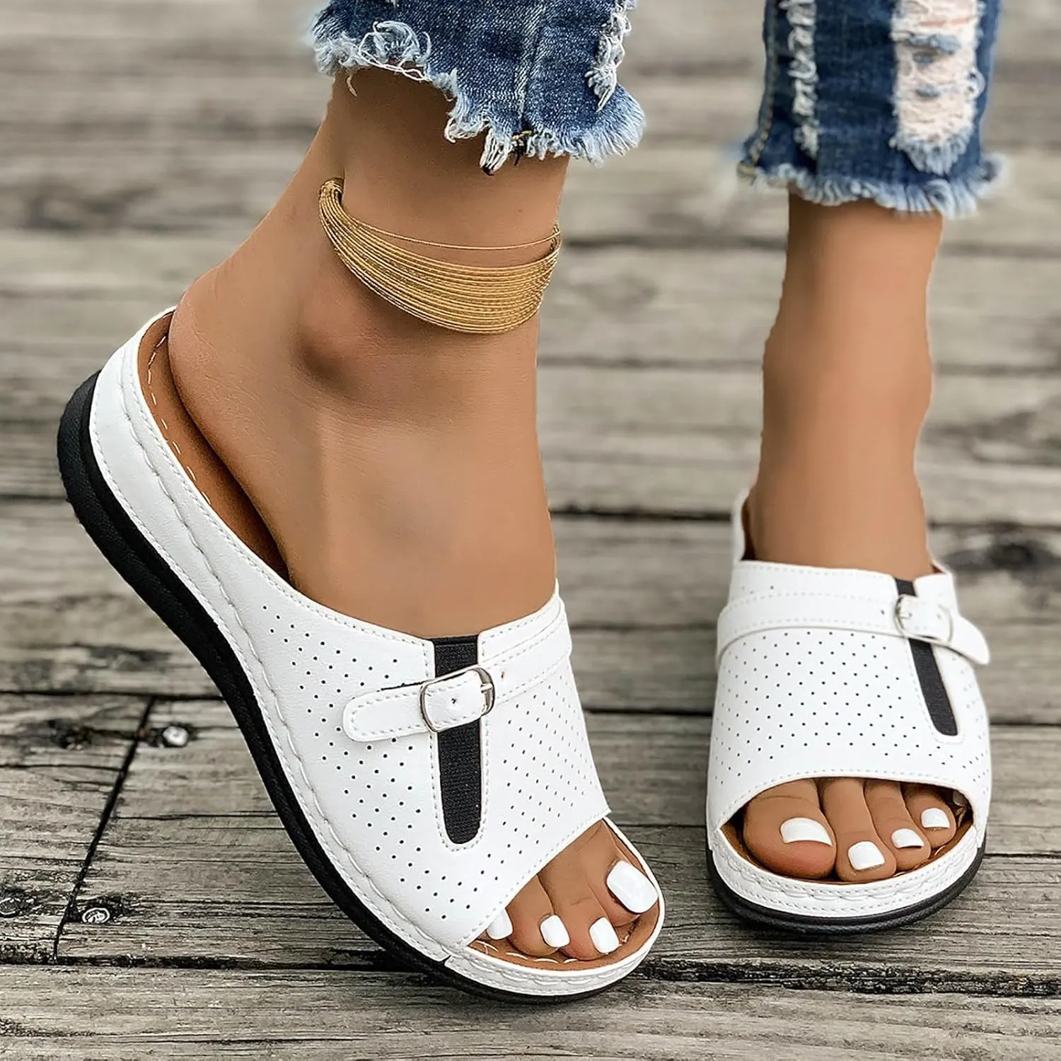 Slip On Sandals for Women 2025,Summer Wide Width Peep Toe Cutout Adjustable Band Arch Support Slides Ladies Low Wedge Heel Comfy Cushioned Recovery Mules Casual Shoes for Daily Outdoor Indoor