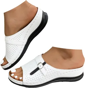 Slip On Sandals for Women 2025,Summer Wide Width Peep Toe Cutout Adjustable Band Arch Support Slides Ladies Low Wedge Heel Comfy Cushioned Recovery Mules Casual Shoes for Daily Outdoor Indoor