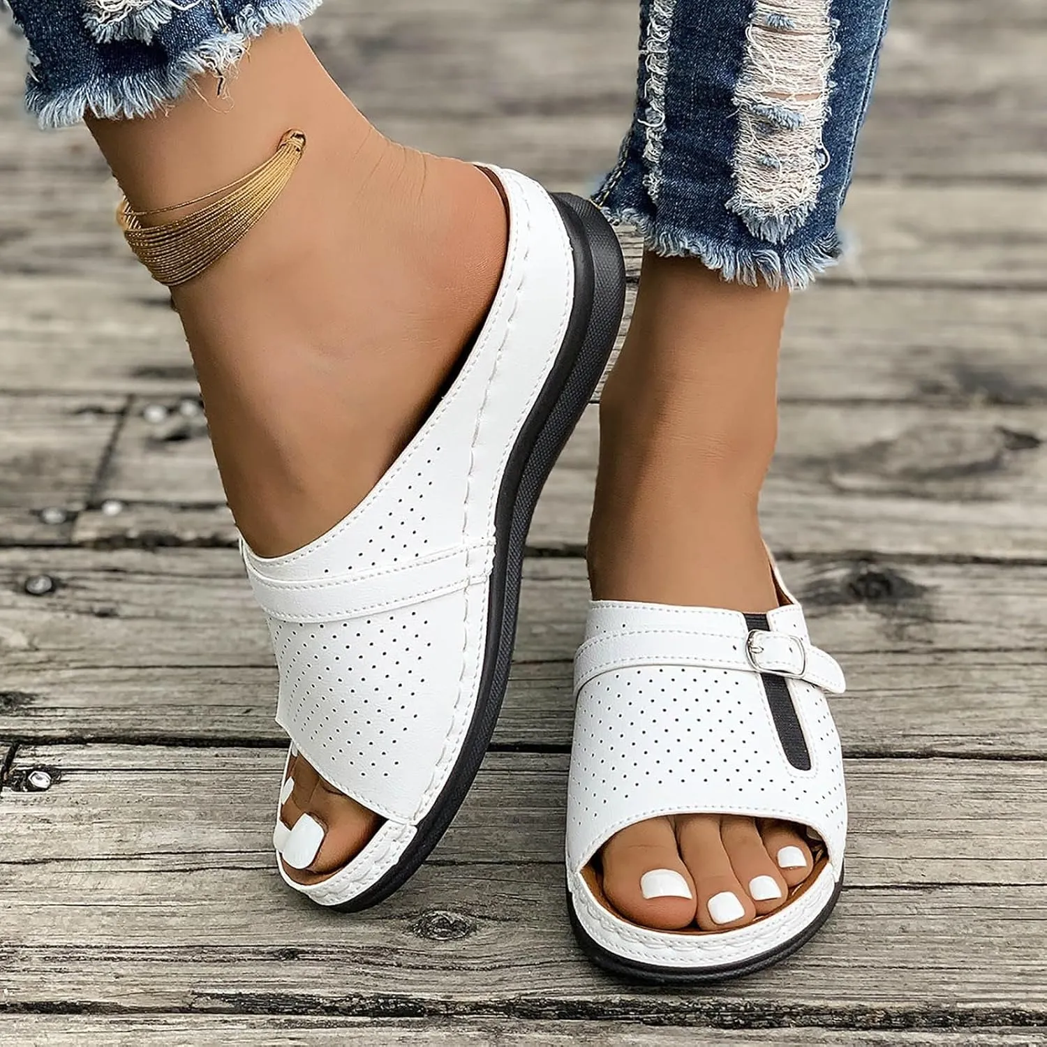 Slip On Sandals for Women 2025,Summer Wide Width Peep Toe Cutout Adjustable Band Arch Support Slides Ladies Low Wedge Heel Comfy Cushioned Recovery Mules Casual Shoes for Daily Outdoor Indoor