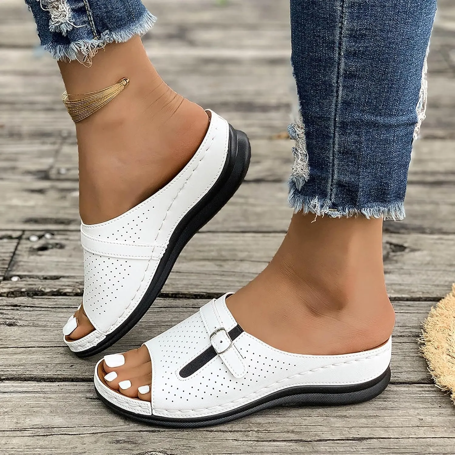 Slip On Sandals for Women 2025,Summer Wide Width Peep Toe Cutout Adjustable Band Arch Support Slides Ladies Low Wedge Heel Comfy Cushioned Recovery Mules Casual Shoes for Daily Outdoor Indoor