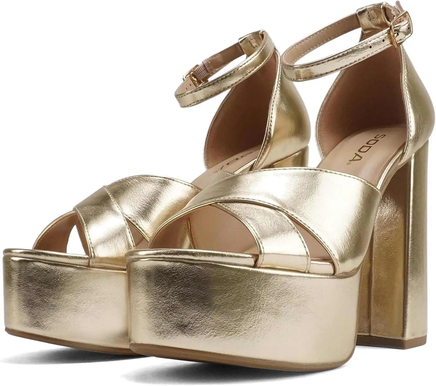 Soda “ATOMIC” ~ Women Open Round Toe Crisscross Band Closed Back Counter Platform High Heel Sandal with Adjustable Ankle Strap