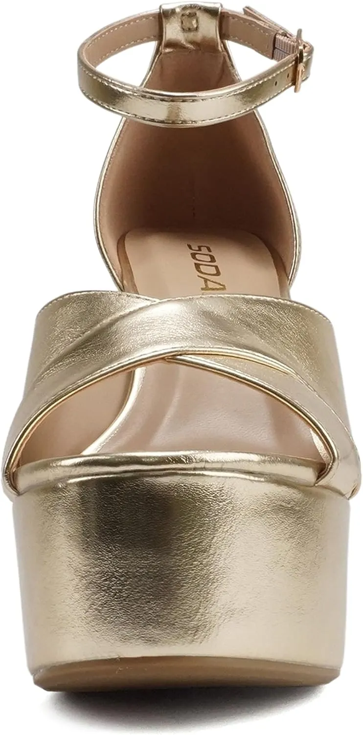 Soda “ATOMIC” ~ Women Open Round Toe Crisscross Band Closed Back Counter Platform High Heel Sandal with Adjustable Ankle Strap