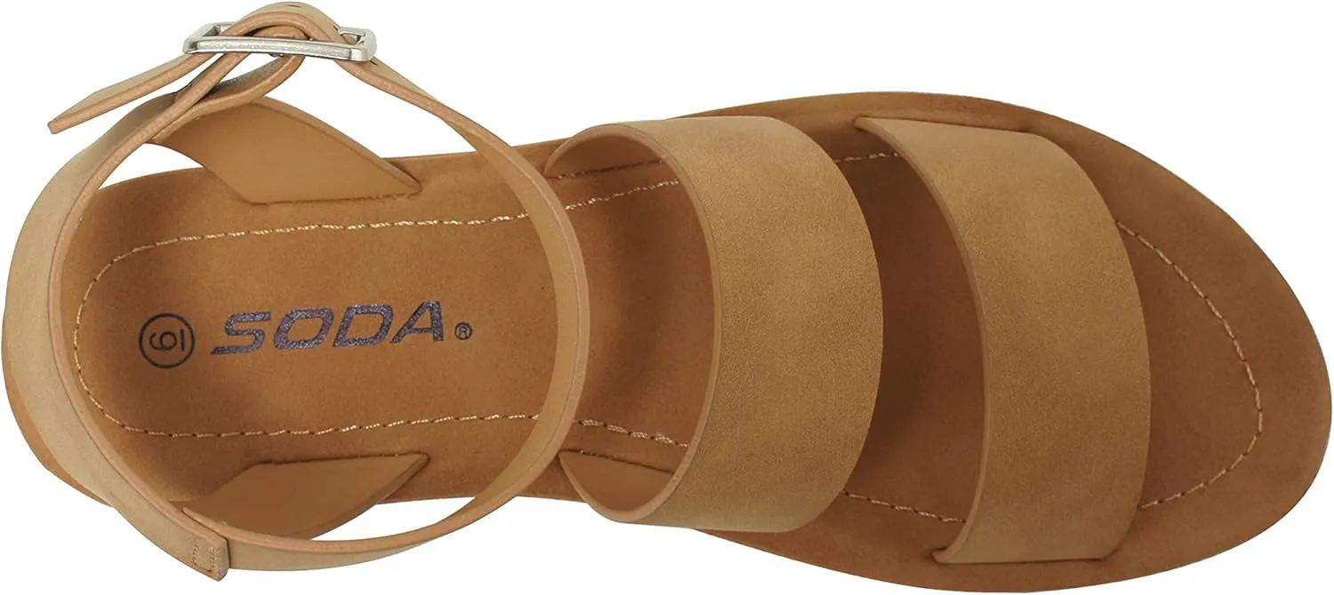 Soda DOZEN ~ Women Casual Open Toe Two Bands with Ankle Buckle Strap Fashion Slide Flat Sandal