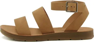 Soda DOZEN ~ Women Casual Open Toe Two Bands with Ankle Buckle Strap Fashion Slide Flat Sandal